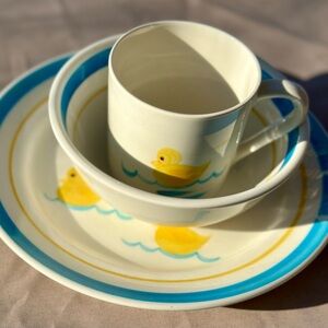 Vintage Royal Copenhagen Baby 3 Pc Hand Painted Swimming Duck Plate Bowl & Cup